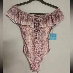 NWT, LA LA Swim, One-Piece, Off Shoulder, Snakeskin Swimsuit | Women’s Medium